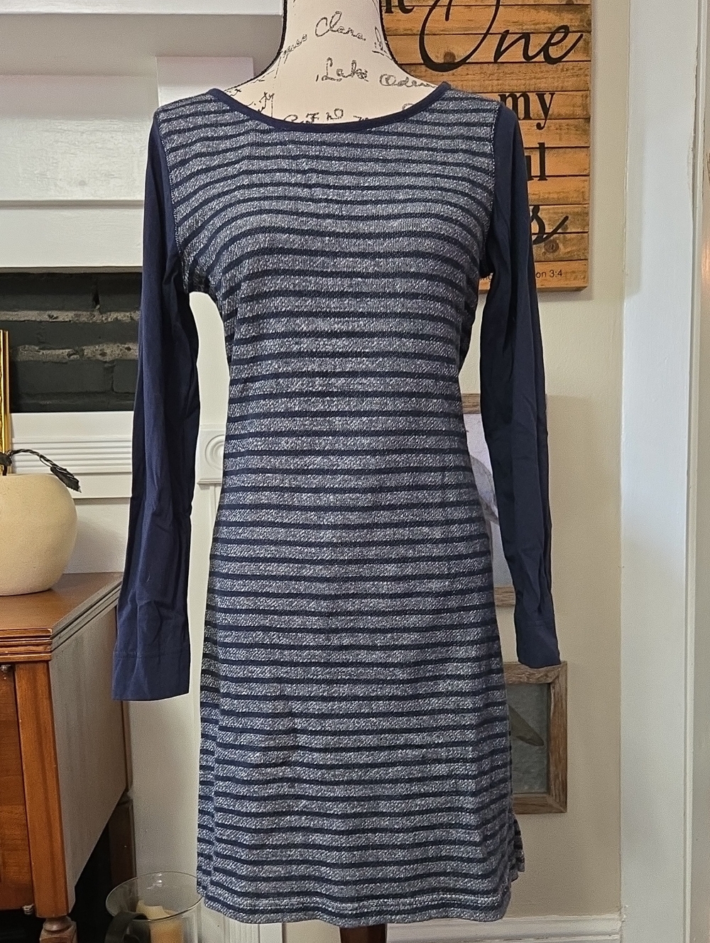 Talbots Navy and Heather Gray Striped Long-Sleeve Dress